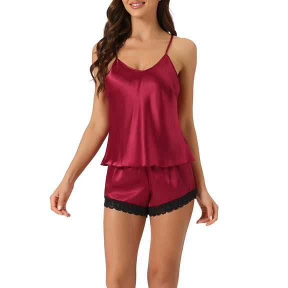 INSPIRE CHIC Women's Satin Pajamas Set Sleeveless Racerback Cami Tops with Lace Trim Shorts Sliky Lounge Sets S Red