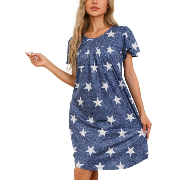 INSPIRE CHIC Women's Pleated Front Loose Fit Short Sleeve Nightgowns House Dress Loose Nightshirt with Hand Pockets S Blue Star