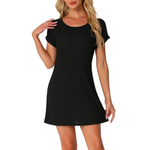 INSPIRE CHIC Women's Valentines Day Ribbed Knit Nightgown Sleepshirt Short Sleeve Sleepwear Casual Crew Neck Nightshirt 3XL Black