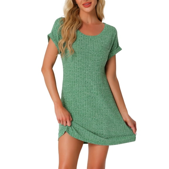 INSPIRE CHIC Women's Ribbed Knit Nightgown Sleepshirt Short Sleeve Sleepwear Casual Crew Neck Nightshirt XL Green