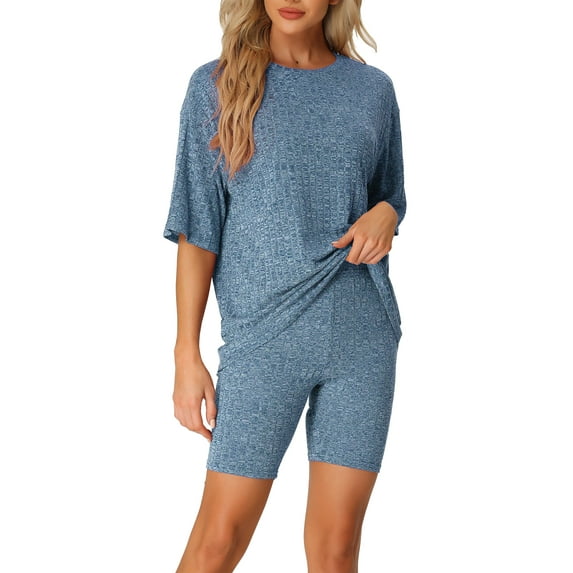 INSPIRE CHIC Women's Ribbed Knit Soft Tracksuit Short Sleeve Sweatshirt Set Shorts Loungewear Sleepwear S Blue