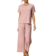 cheibear Women's Round Neck Casual Home Lovely Ruffle Cuff Ribbed Pajamas Set S Pink