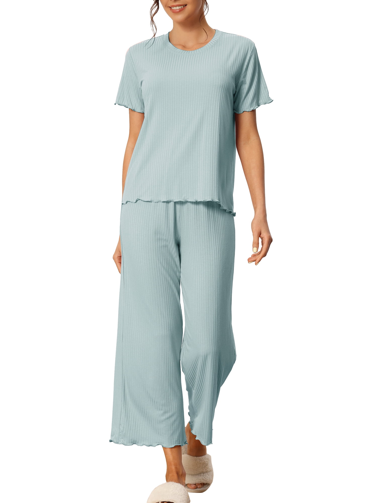 cheibear Women's Round Neck Casual Home Lovely Ruffle Cuff Ribbed Pajamas Set XL Blue