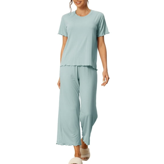INSPIRE CHIC Women's Pajama Sets Round Neck Short Sleeve Solid Ribbed Casual Sleepwear Ladies Pajamas L Blue