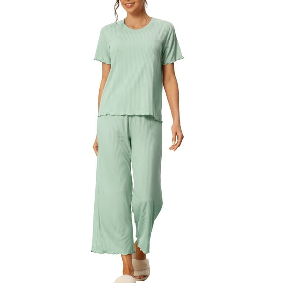 INSPIRE CHIC Women's Pajama Sets Round Neck Short Sleeve Solid Ribbed Casual Sleepwear Ladies Pajamas M Green