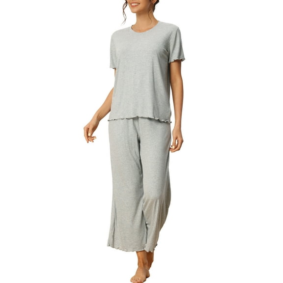 INSPIRE CHIC Women's Pajama Sets Round Neck Short Sleeve Solid Ribbed Casual Sleepwear Ladies Pajamas M Grey