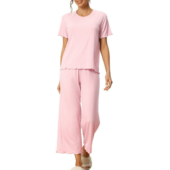 INSPIRE CHIC Women's Pajama Sets Round Neck Short Sleeve Solid Ribbed Casual Sleepwear Ladies Pajamas M Light Pink