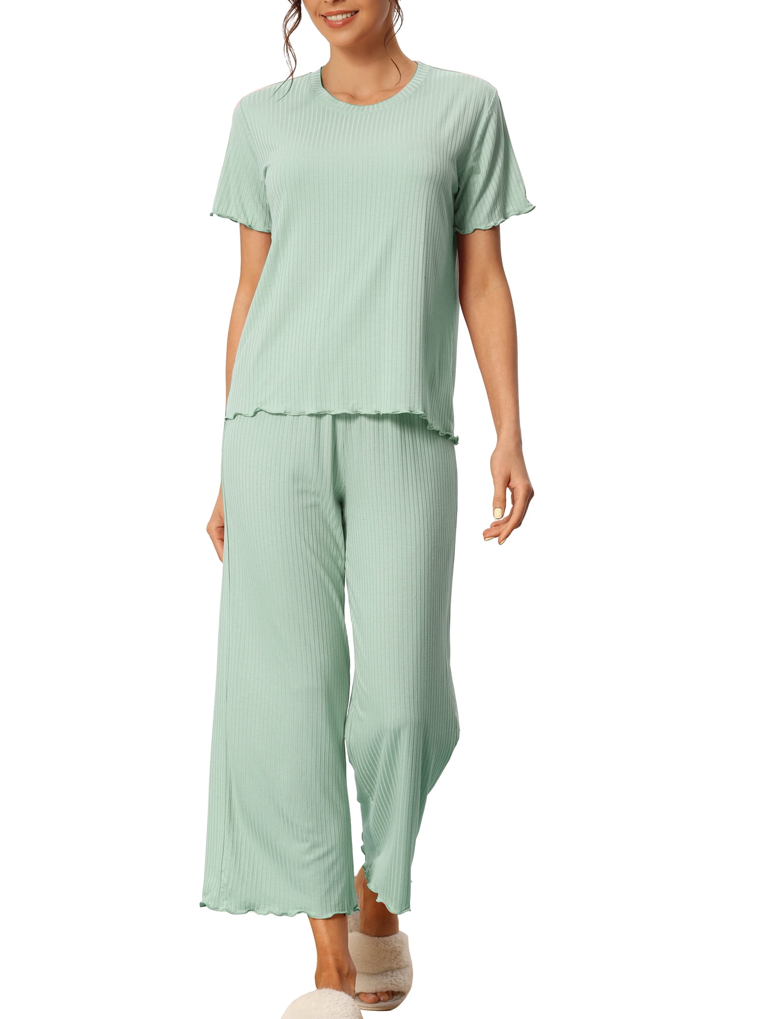 INSPIRE CHIC Women's Pajama Sets Round Neck Short Sleeve Solid Ribbed ...