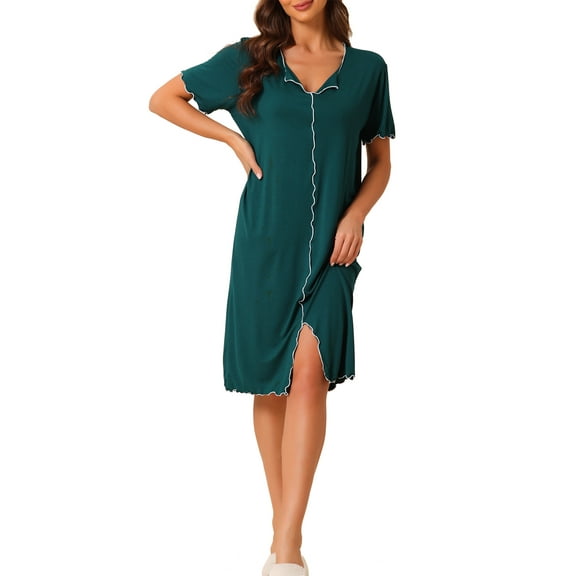 INSPIRE CHIC Women's Nightshirt Ruffled Trim V Neck Short Sleeve Sleepshirt Pullover Pajama Nightgown S Green