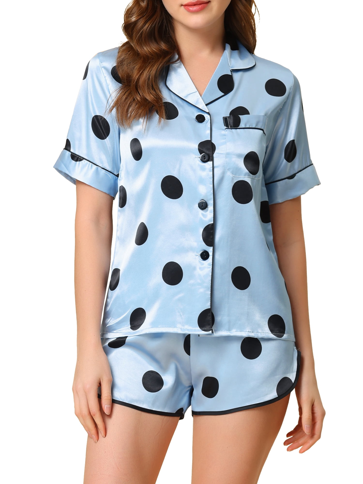 cheibear Women's Satin 2pcs Lounge Sleepwear TShirt and Shorts Polka