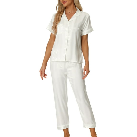 INSPIRE CHIC Women's Satin Button Down Short Sleeve Shirt with Long Pants 2 Pcs Pajama Set M White