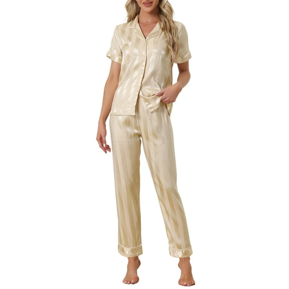 INSPIRE CHIC Women's Satin Button Down Short Sleeve Shirt with Long Pants 2 Pcs Pajama Set XL Champagne