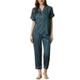 thumbnail image 1 of INSPIRE CHIC Women's Satin Button Down Short Sleeve Shirt with Long Pants 2 Pcs Pajama Set XS Blue, 1 of 6