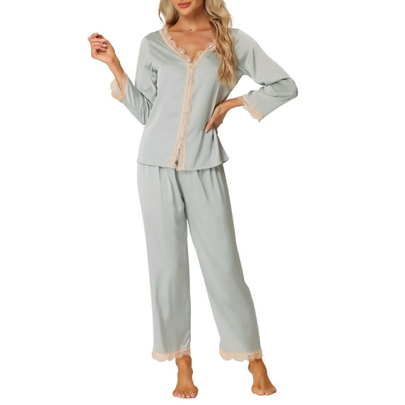 INSPIRE CHIC Women's Satin Lounge Sleepwear Night Suits V Neck Lace Trim Pajama Sets S Gray Blue