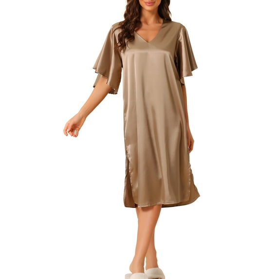 INSPIRE CHIC Women's Satin Nightdress Flare Bell Short Sleeve Sleep Dress Nightshirt Nightgown XS Light Brown
