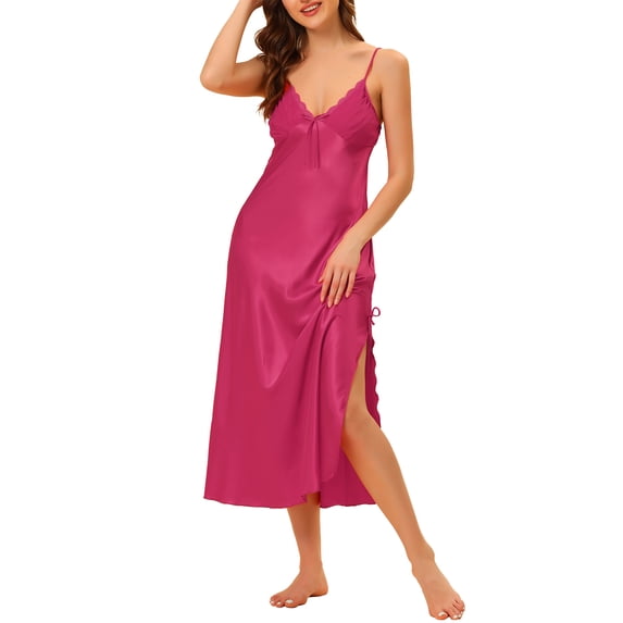 INSPIRE CHIC Women's Long Satin Nightgowns V Neck Soft Chemise Pajama Dress Lounge Nightdress XL Rose Red