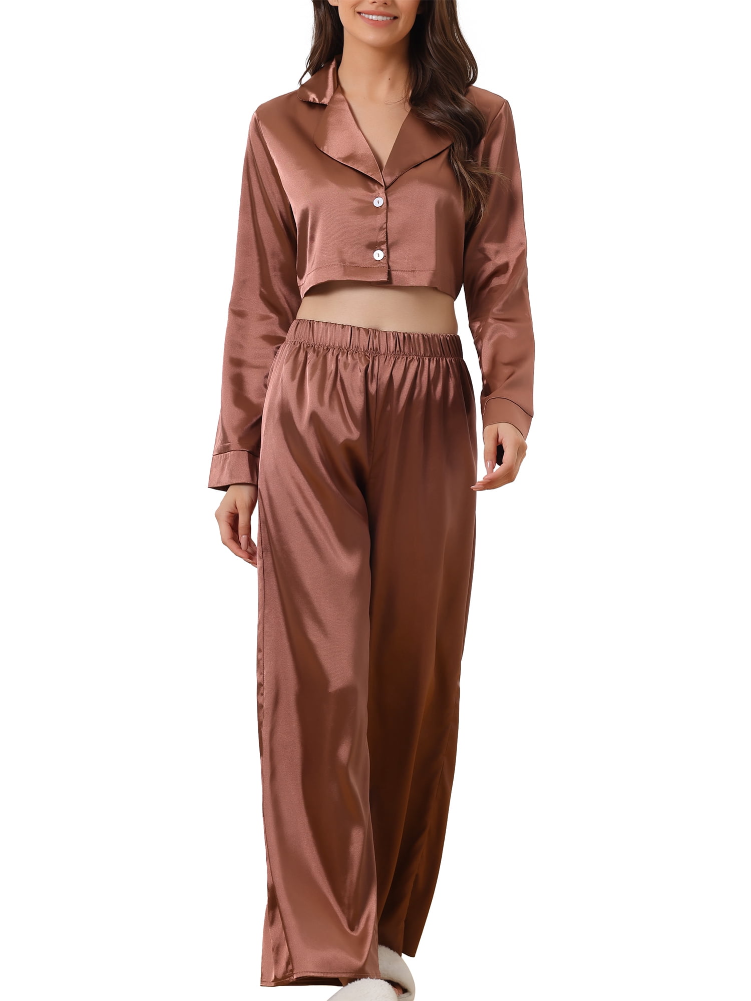 cheibear Women's Satin Pajama Fashion Crop Button Down Shirt