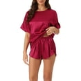 thumbnail image 1 of INSPIRE CHIC Women's Satin Pajama Set Spring Summer Short Sleeve Pullover T-shirt with Shorts Sleepwear XS Burgundy, 1 of 6