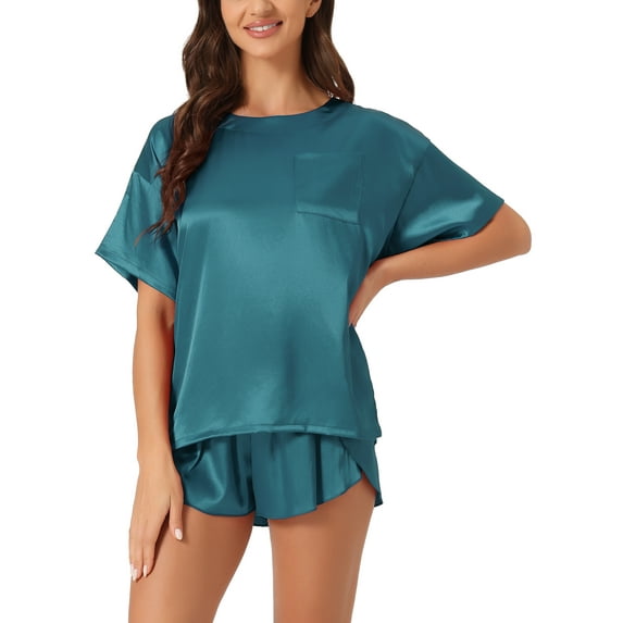 INSPIRE CHIC Women's Satin Pajama Set Spring Summer Short Sleeve Pullover T-shirt with Shorts Sleepwear XS Lake Blue