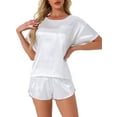 thumbnail image 1 of INSPIRE CHIC Women's Satin Pajama Set Spring Summer Short Sleeve Pullover T-shirt with Shorts Sleepwear XS White, 1 of 6