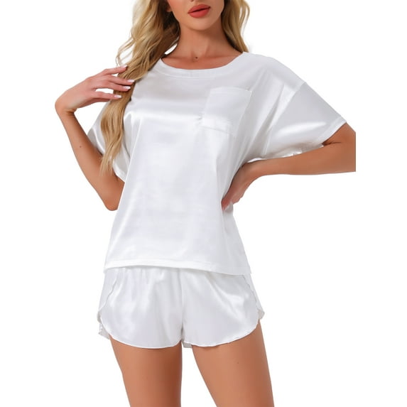 INSPIRE CHIC Women's Satin Pajama Set Spring Summer Short Sleeve Pullover T-shirt with Shorts Sleepwear XS White
