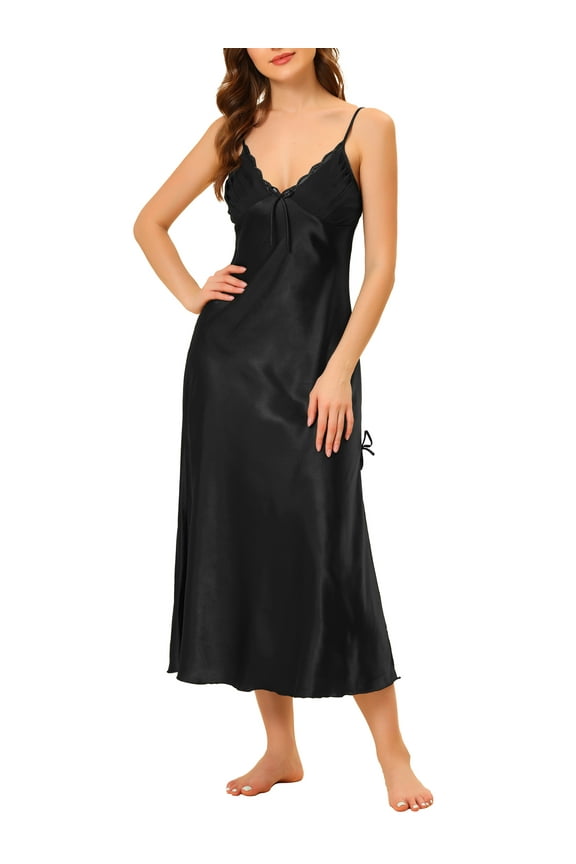 Women's Satin Nightgowns V Neck Soft Chemise Pajama Dress Lounge Long Nightdress XL Black