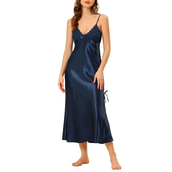 INSPIRE CHIC Women's Satin Nightgowns V Neck Soft Chemise Pajama Dress Lounge Long Nightdress XL Blue