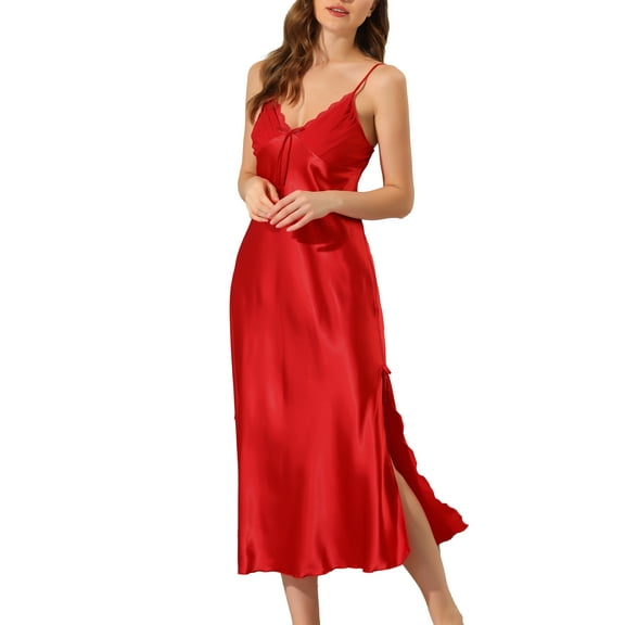 INSPIRE CHIC Women's Valentines Day Satin Nightgowns V Neck Soft Chemise Pajama Dress Lounge Long Nightdress XL Red
