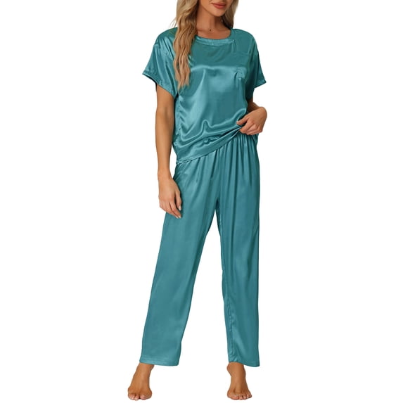 cheibear Women's Satin Pajamas Set Summer Outfits Short Sleeves Tops with Pants Silky Lounge Sets M Peacock Green