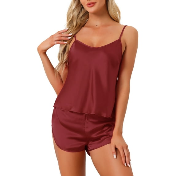 INSPIRE CHIC Women's Satin Pajamas Sets Cami Top with Shorts 2 Pcs Sleepwear Silky Pajama Set L Red