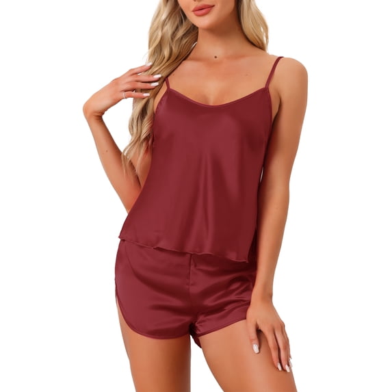 INSPIRE CHIC Women's Satin Pajamas Sets Cami Top with Shorts 2 Pcs Sleepwear Silky Pajama Set S Red