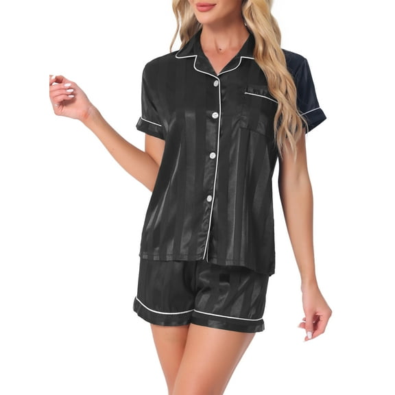 INSPIRE CHIC Women's Satin Pajama Sets Nightwear Sleepwear Tops with Shorts Lounge Sets L Black