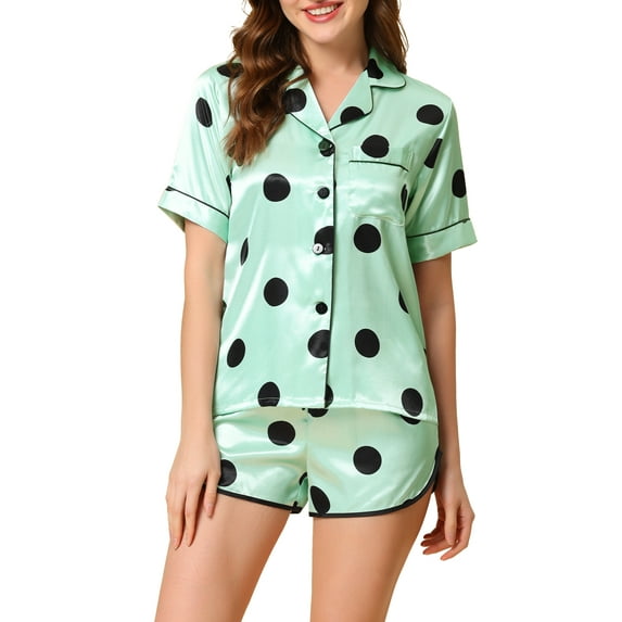INSPIRE CHIC Women's Satin Pajama Sets Nightwear Sleepwear Tops with Shorts Lounge Sets L Green