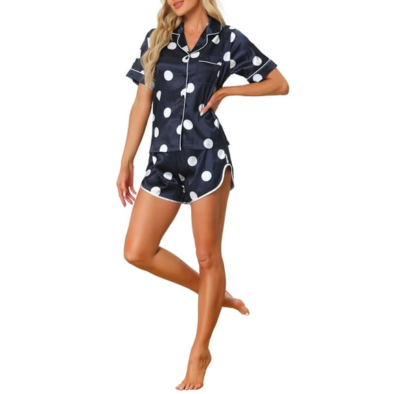 INSPIRE CHIC Women's Satin Pajama Sets Nightwear Sleepwear Tops with Shorts Lounge Sets M Blue Dots