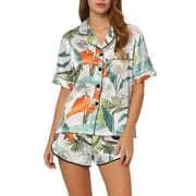 INSPIRE CHIC Women's Satin Pajama Sets Nightwear Sleepwear Tops with Shorts Lounge PJ Sets XS Green-White