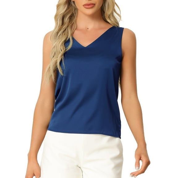 INSPIRE CHIC Women's Satin Pajamas Tank Top V Neck Sleeveless Silky Casual Shirt Blouse L Navy Blue