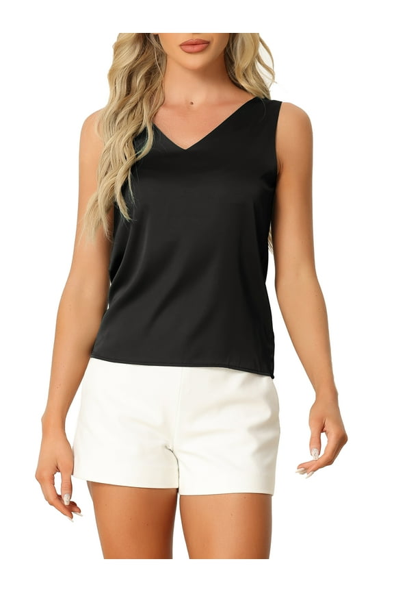 Women's Satin Pajamas Tank Top V Neck Sleeveless Silky Casual Shirt Blouse M Black