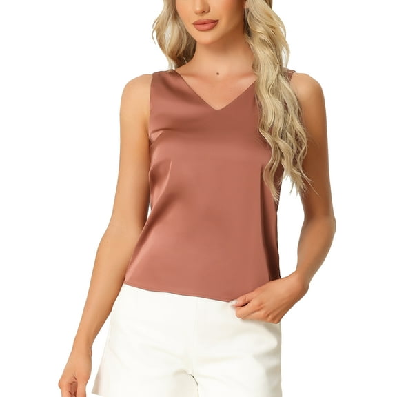 INSPIRE CHIC Women's Satin Pajamas Tank Top V Neck Sleeveless Silky Casual Shirt Blouse XS Brick Red