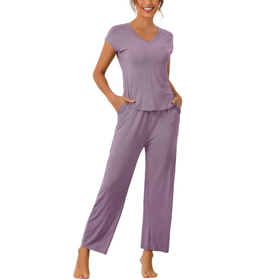 INSPIRE CHIC Women's Short Sleeve Modal Casual Set Pajama 2 Piece Loungewear Long Pants Sweatsuit S Purple