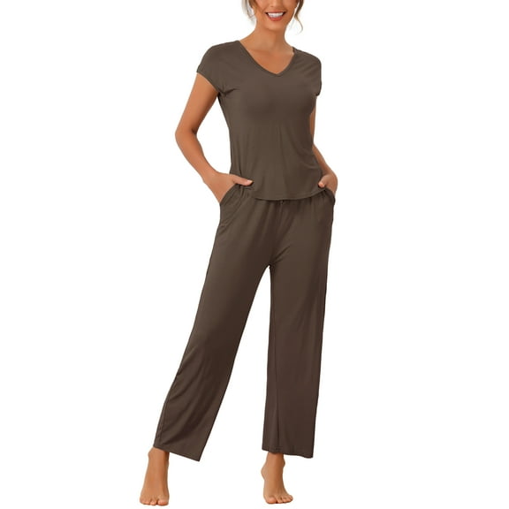 INSPIRE CHIC Women's Short Sleeve Modal Casual Set Pajama 2 Piece Loungewear Long Pants Sweatsuit XS Brown