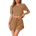 thumbnail image 1 of INSPIRE CHIC Women's Short Sleeve Pajama Sets Ribbed Knit Side Slits Shorts 2 Piece Lounge Sets M Camel, 1 of 6