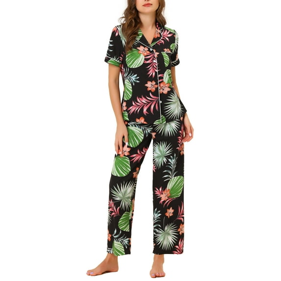 INSPIRE CHIC Women's Satin Pajama Set Silk Floral Short Sleeves Top and Pants 2 Pcs Pajamas L Black