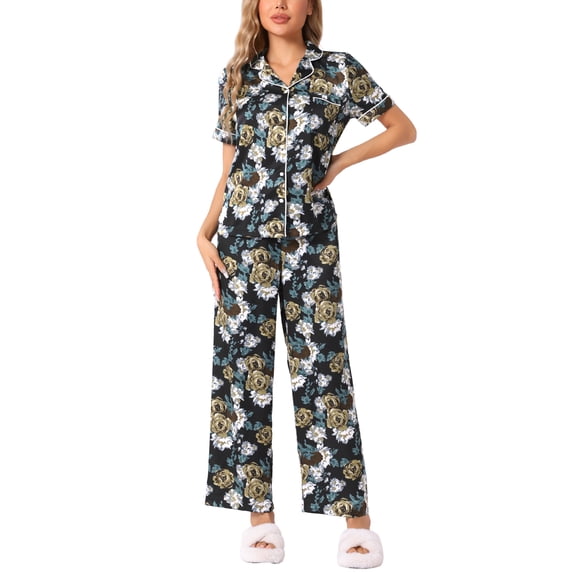 INSPIRE CHIC Women's Satin Pajama Set Silk Floral Short Sleeves Top and Pants 2 Pcs Pajamas M Black Flowers