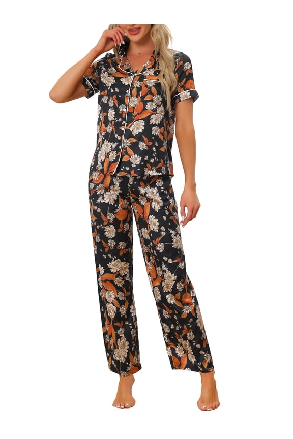 Women's Satin Pajama Set Silk Floral Short Sleeves Top and Pants 2 Pcs Pajamas XL Black-Orange
