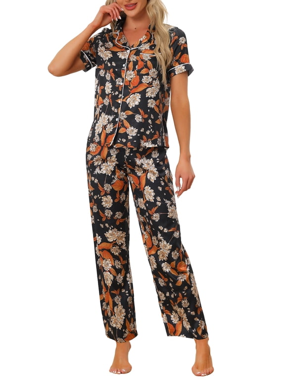 Women's Satin Pajama Set Silk Floral Short Sleeves Top and Pants 2 Pcs Pajamas XL Black-Orange