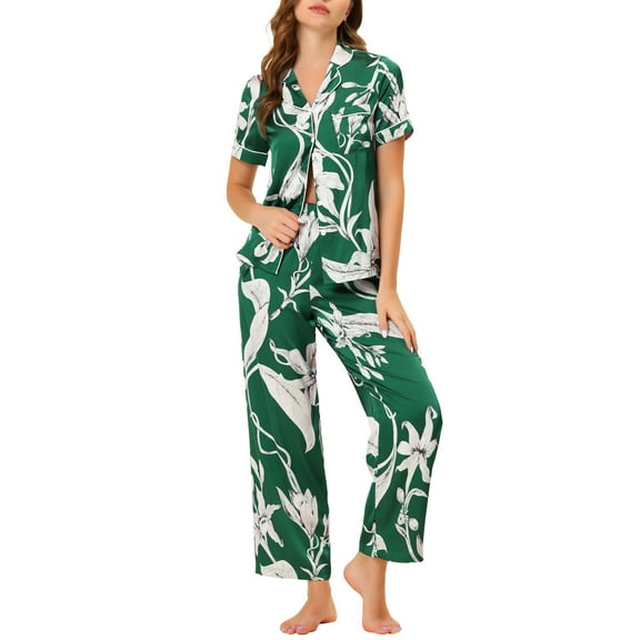 INSPIRE CHIC Women's Satin Pajama Set Silk Floral Short Sleeves Top and Pants 2 Pcs Pajamas XL Green
