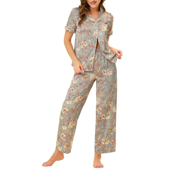INSPIRE CHIC Women's Satin Pajama Set Silk Floral Short Sleeves Top and Pants 2 Pcs Pajamas XS Grey