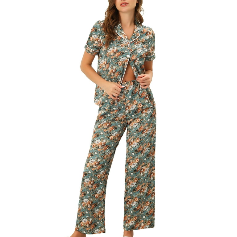 cheibear Women's Silk Floral Satin Short Sleeves Top and Pants Pajama Set