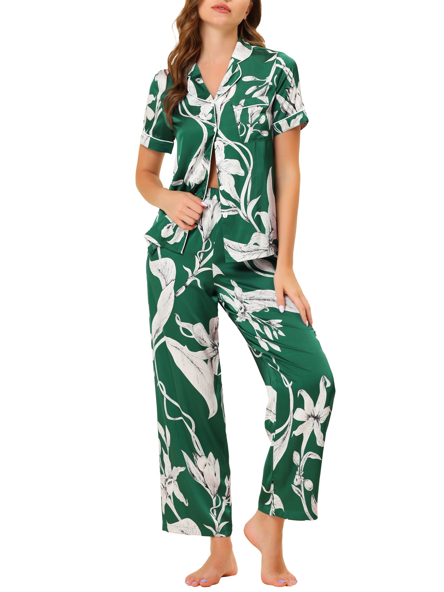 cheibear Women's Silk Floral Satin Short Sleeves Top and Pants Pajama ...