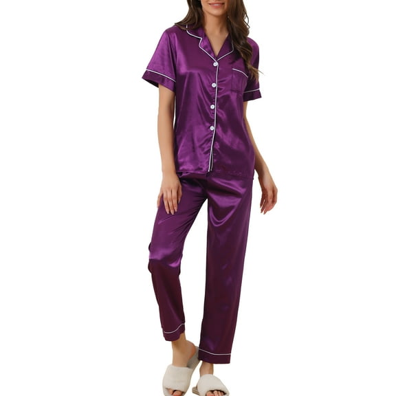 INSPIRE CHIC Women's Sleepwear Button Down Shirt with Pants Nightwear Lounge 2 Pcs Pajama Set L Purple